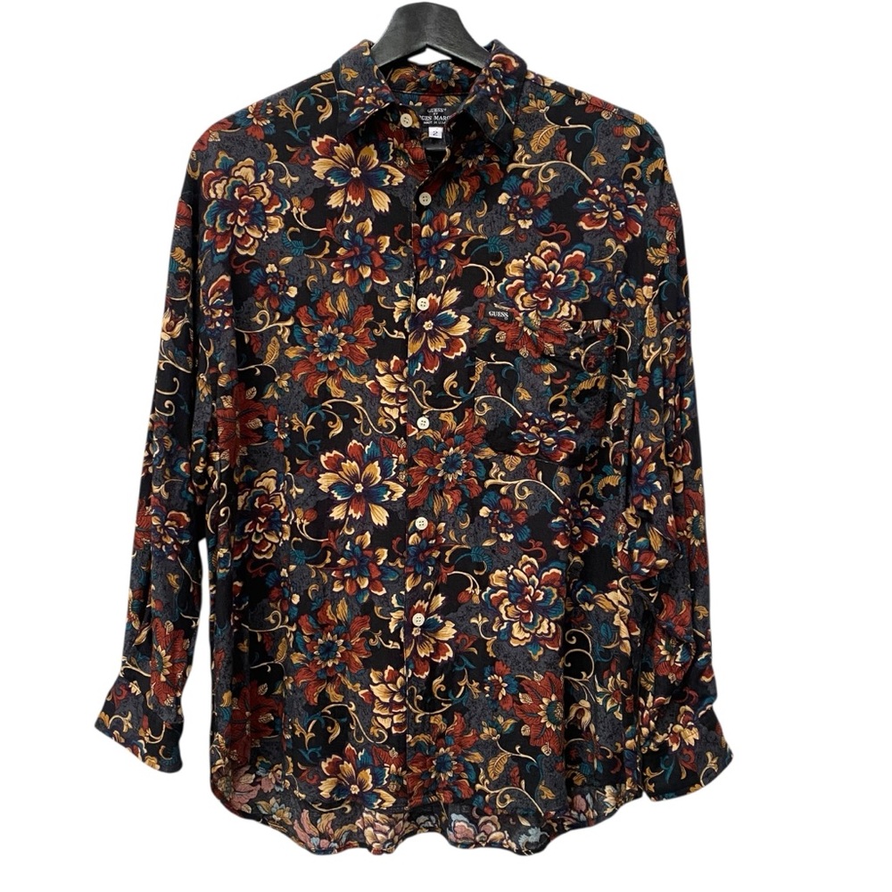 Vintage 80s Guess Marciano Black Floral Patterned Top Shirt Baggy Oversized